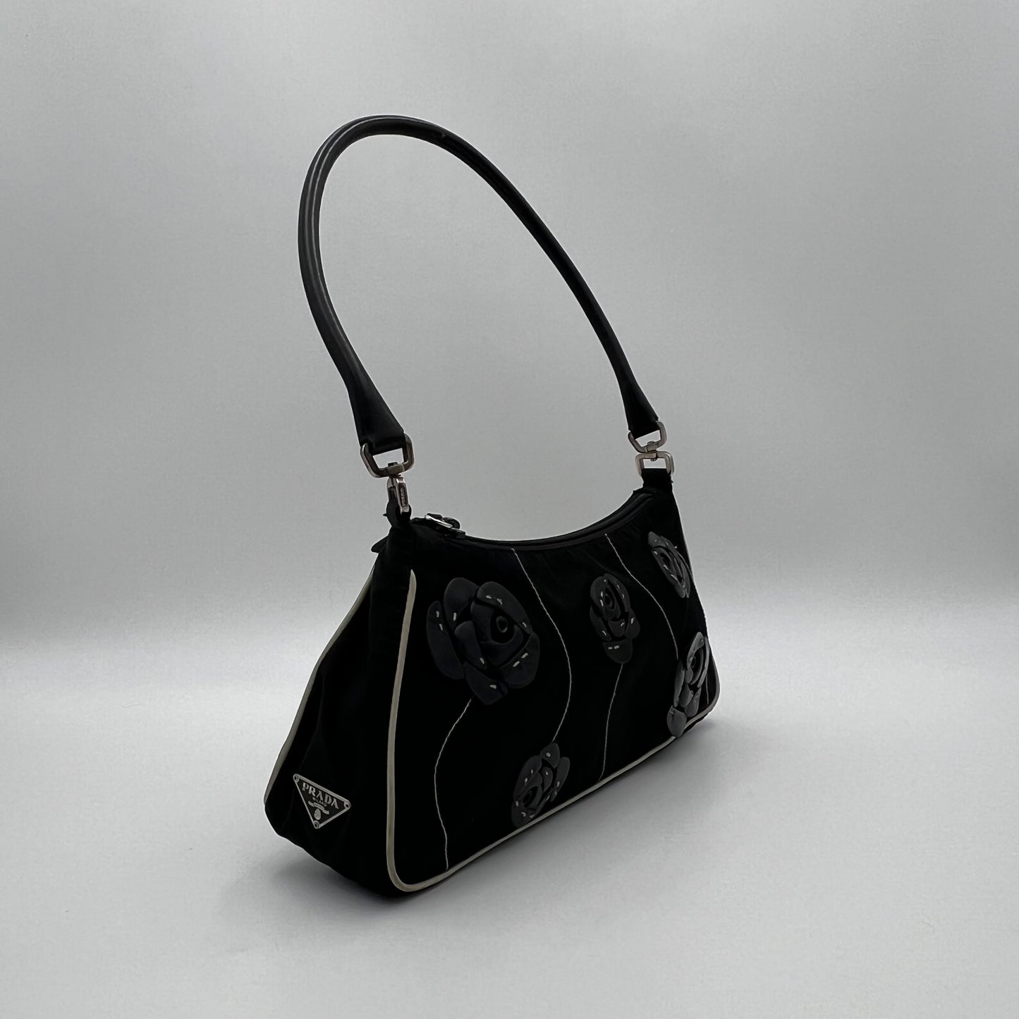 Prada Black Nylon and Leather Floral Applique Shoulder Bag