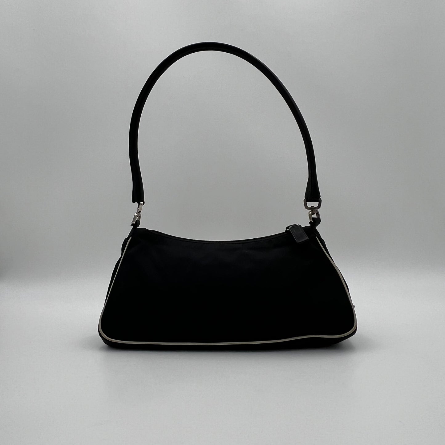 Prada Black Nylon and Leather Floral Applique Shoulder Bag