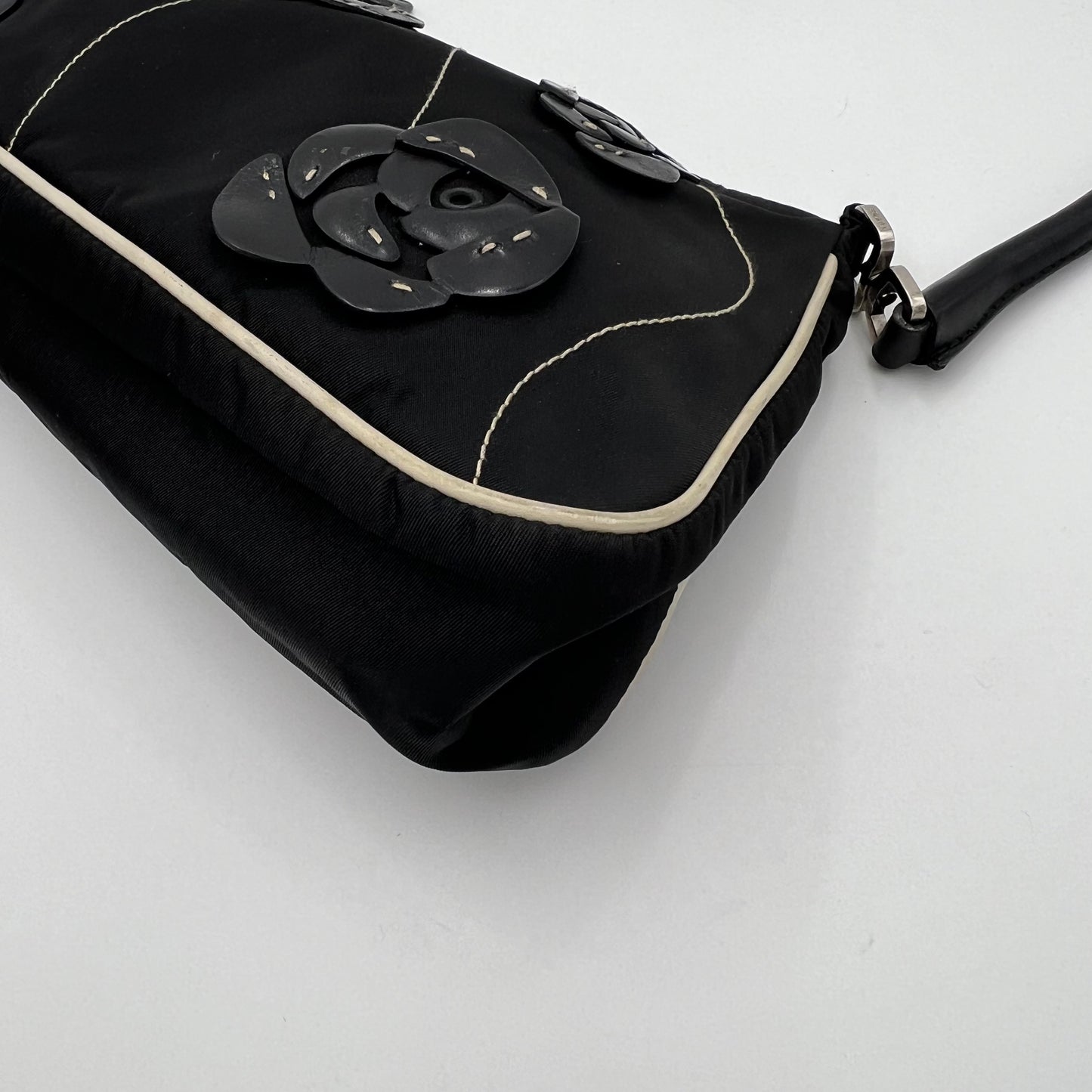 Prada Black Nylon and Leather Floral Applique Shoulder Bag