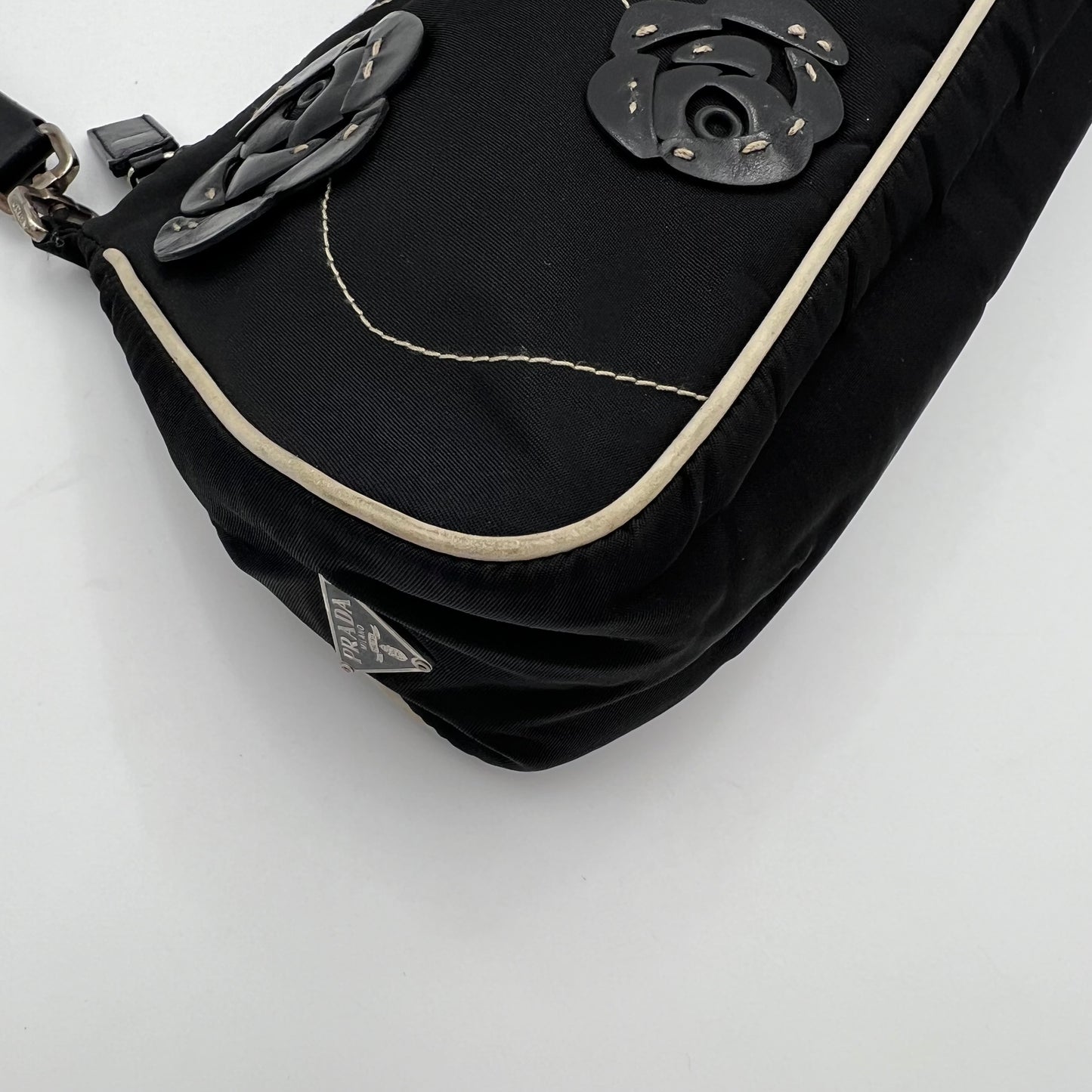 Prada Black Nylon and Leather Floral Applique Shoulder Bag