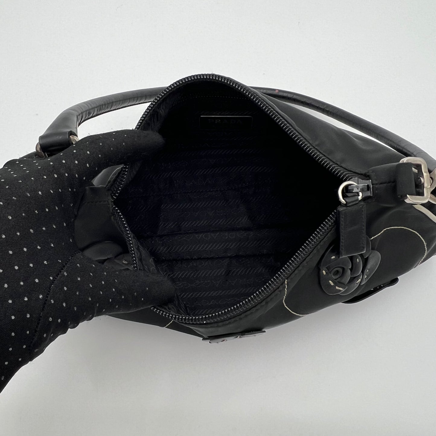 Prada Black Nylon and Leather Floral Applique Shoulder Bag