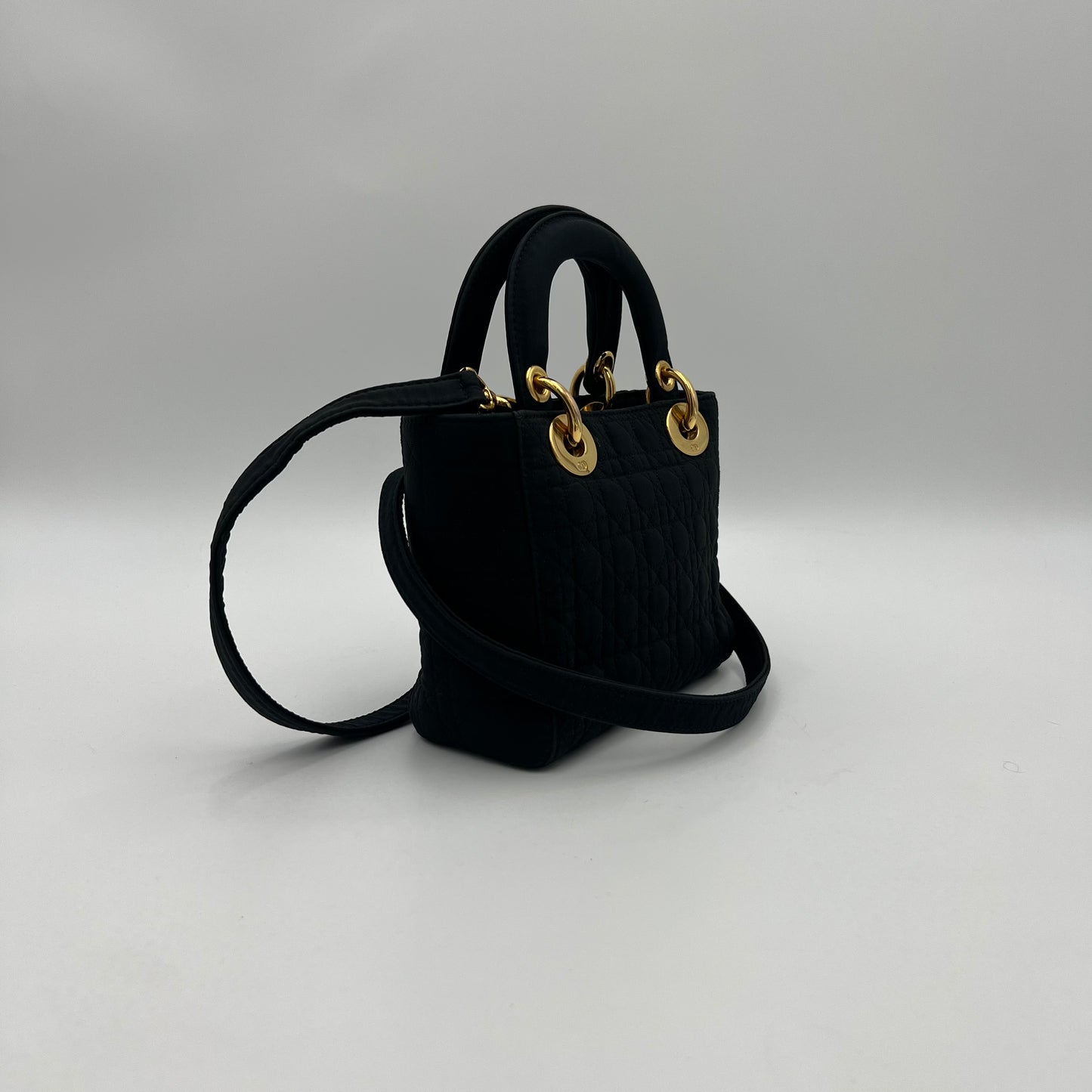 Christian Dior Black Nylon Cannage Mini Lady Dior with Long Strap GHW