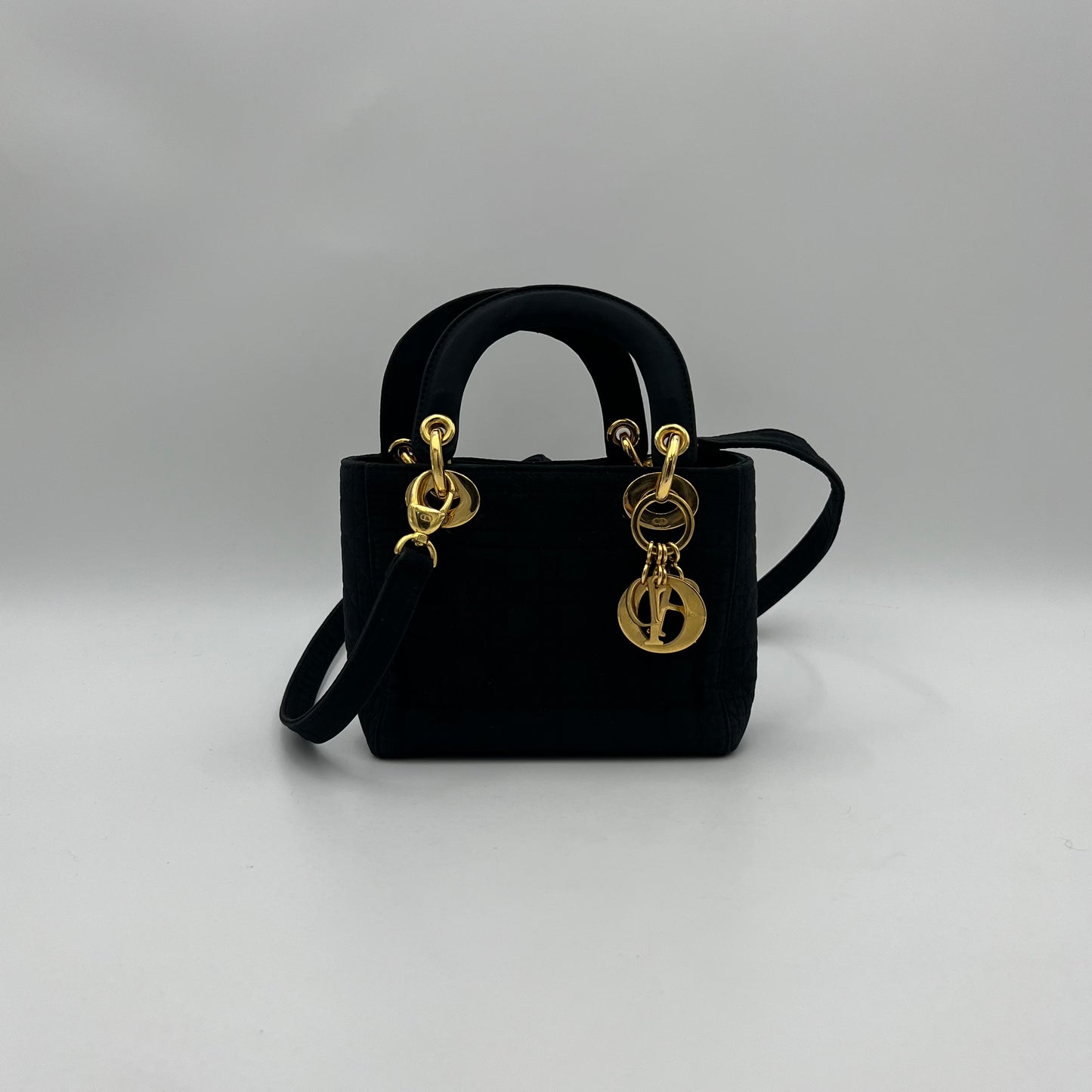 Christian Dior Black Nylon Cannage Mini Lady Dior with Long Strap GHW
