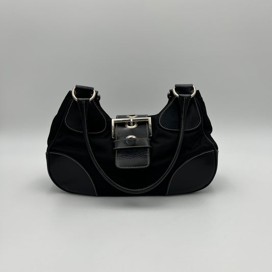 Prada Black Tessuto and Leather Moon Hobo Shoulder Bag