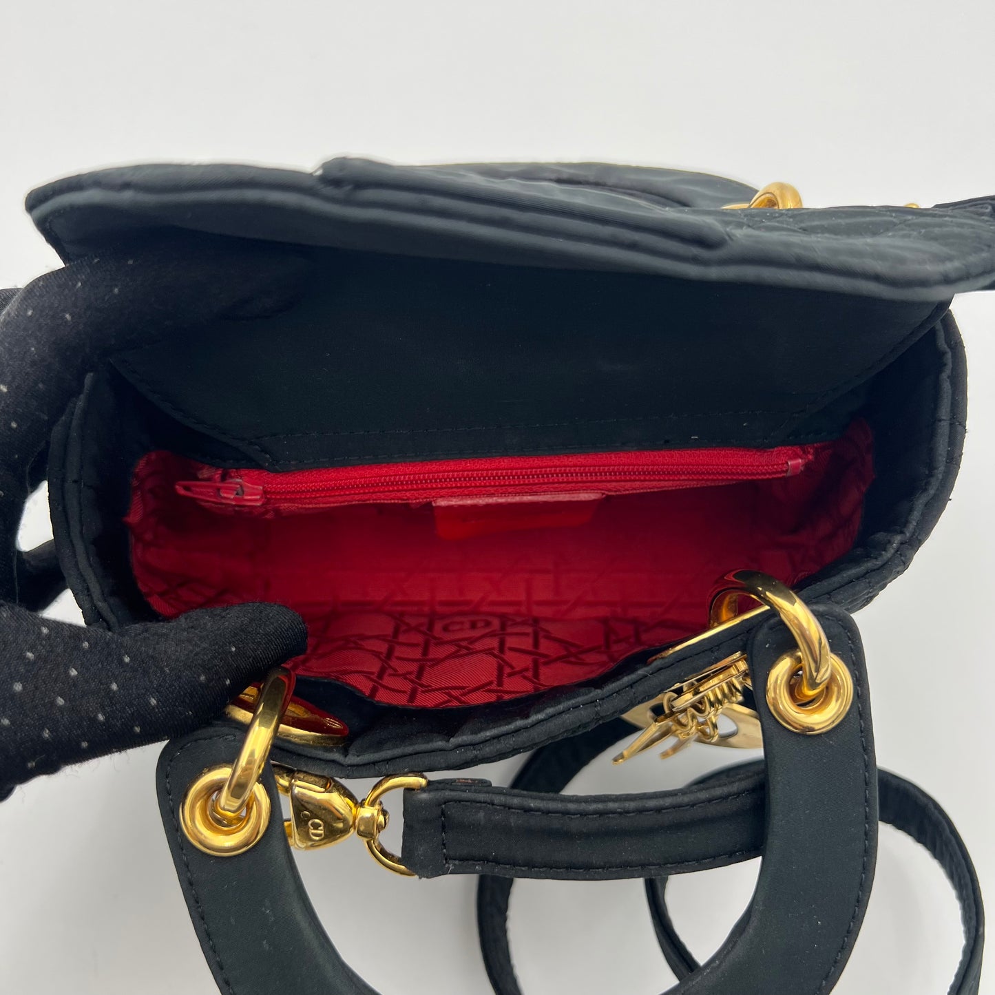 Christian Dior Black Nylon Cannage Mini Lady Dior with Long Strap GHW