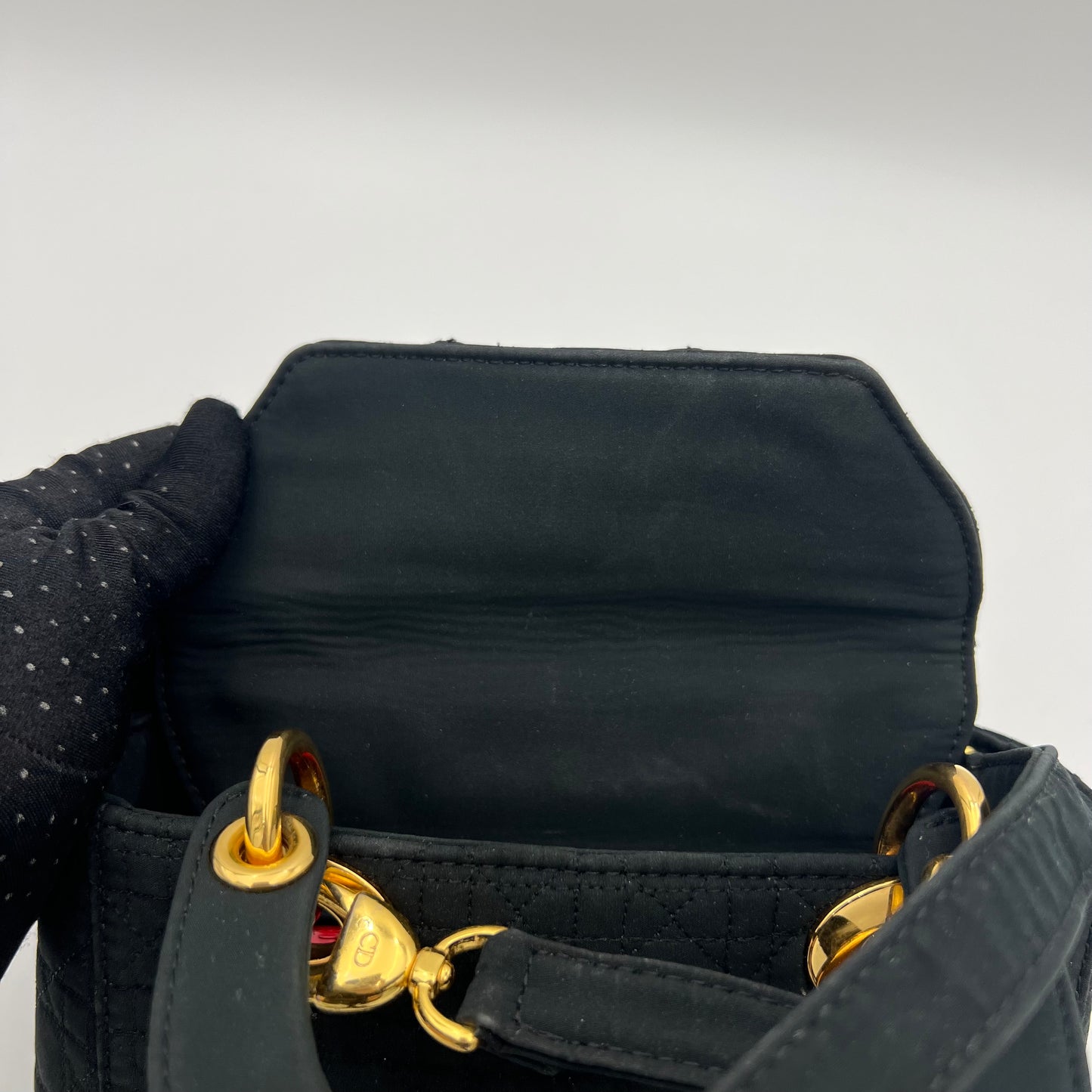 Christian Dior Black Nylon Cannage Mini Lady Dior with Long Strap GHW