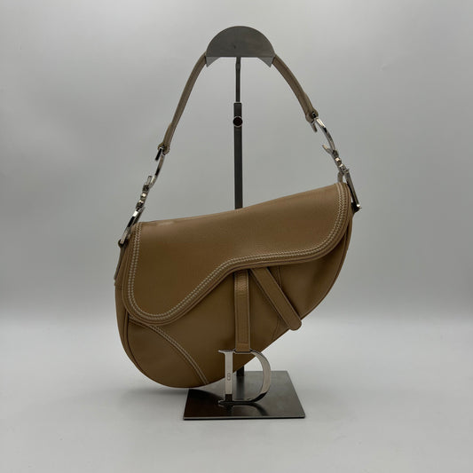 Christian Dior Beige Leather Top Stitch Detail Saddle Bag