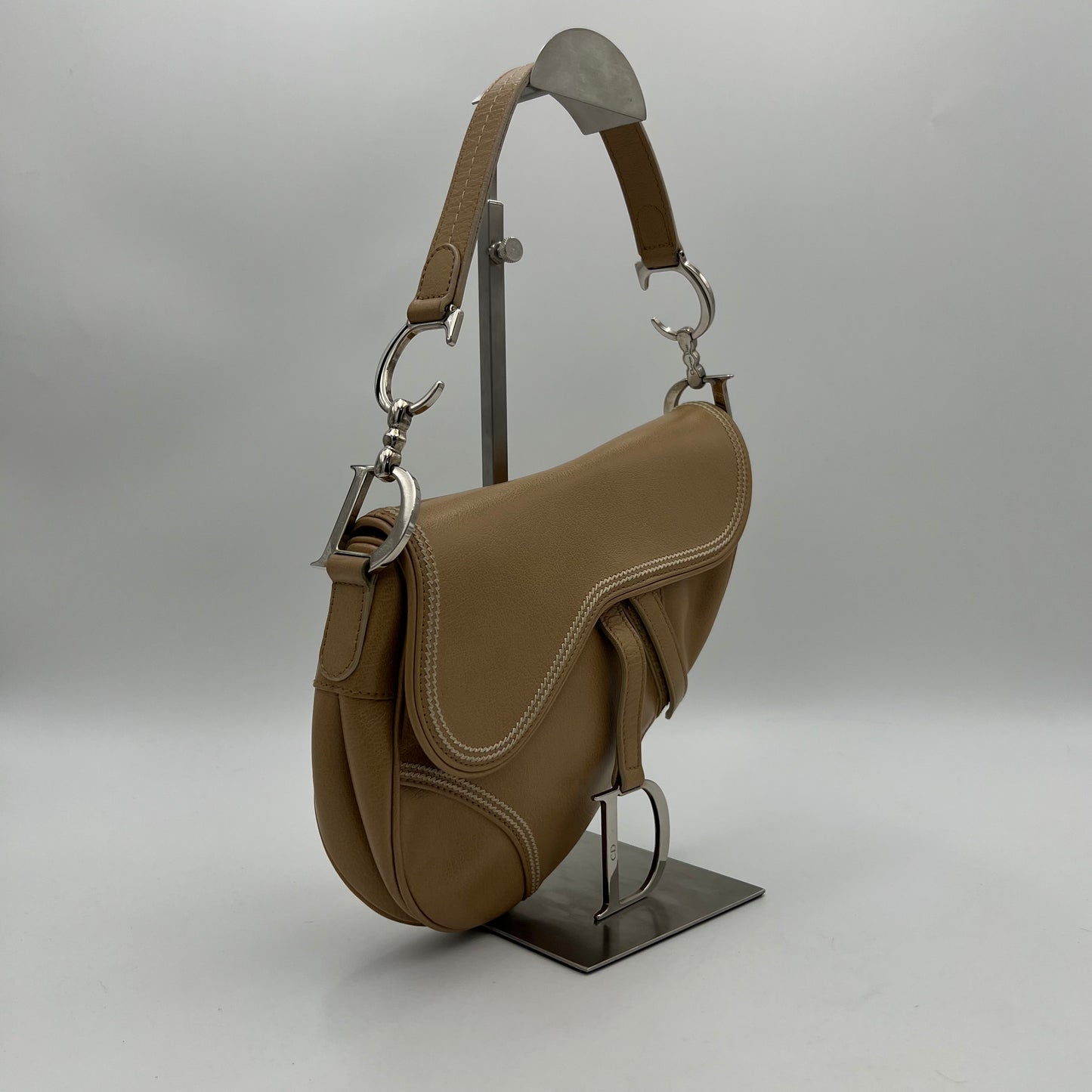 Christian Dior Beige Leather Top Stitch Detail Saddle Bag