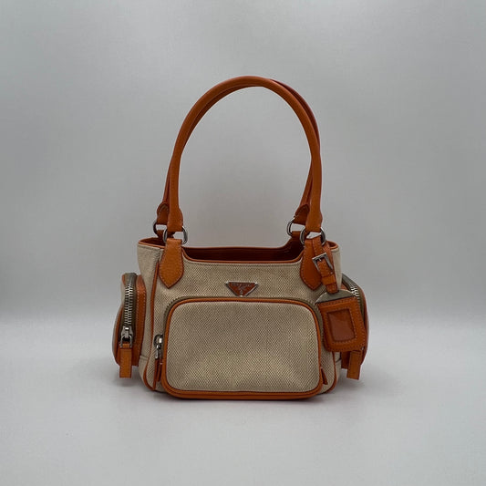 Prada Beige Canvas Orange Leather Canapa Cinghiale Shoulder Bag