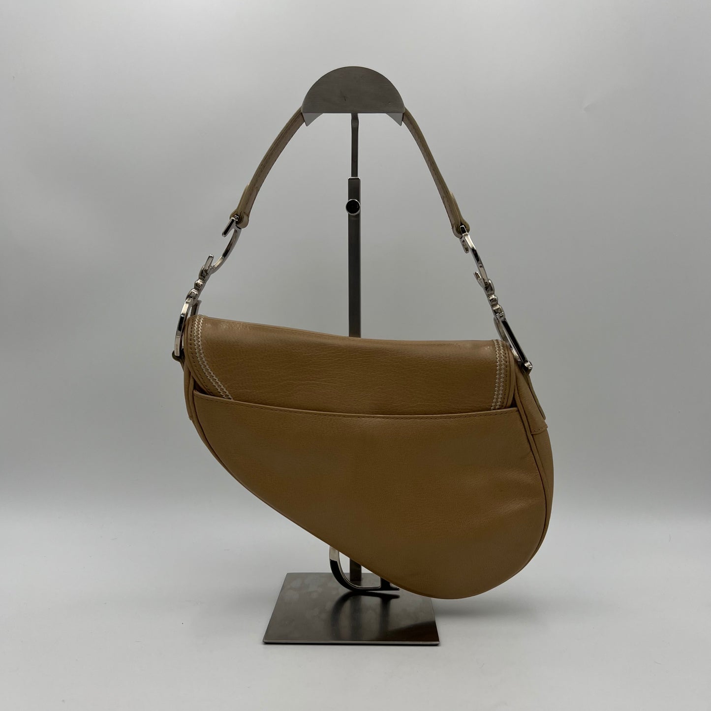 Christian Dior Beige Leather Top Stitch Detail Saddle Bag