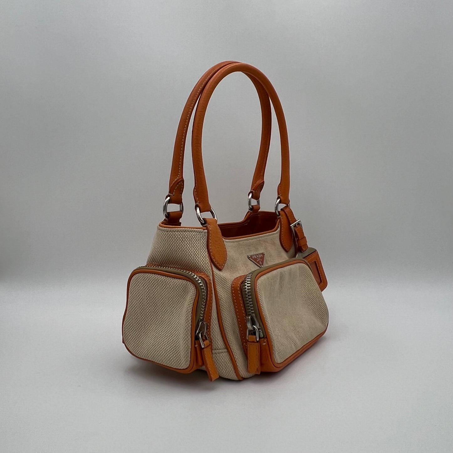 Prada Beige Canvas Orange Leather Canapa Cinghiale Shoulder Bag