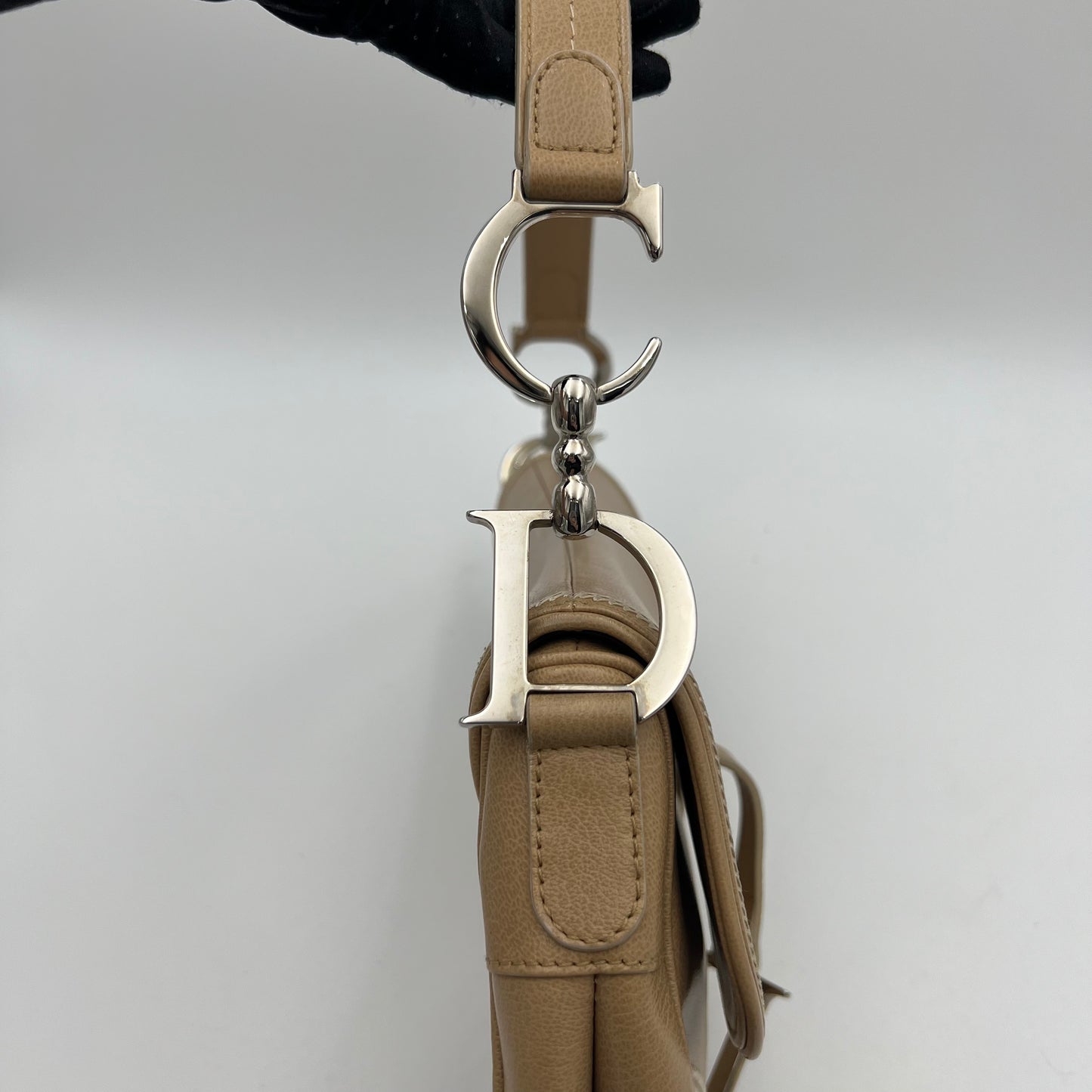 Christian Dior Beige Leather Top Stitch Detail Saddle Bag