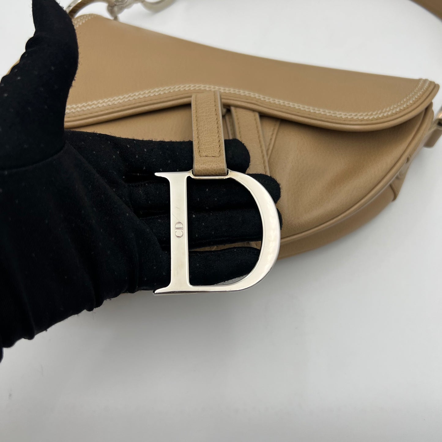 Christian Dior Beige Leather Top Stitch Detail Saddle Bag