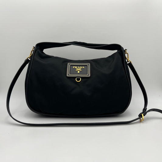 Prada Black Tessuto and Saffiano Hobo Two-Way Bag GHW
