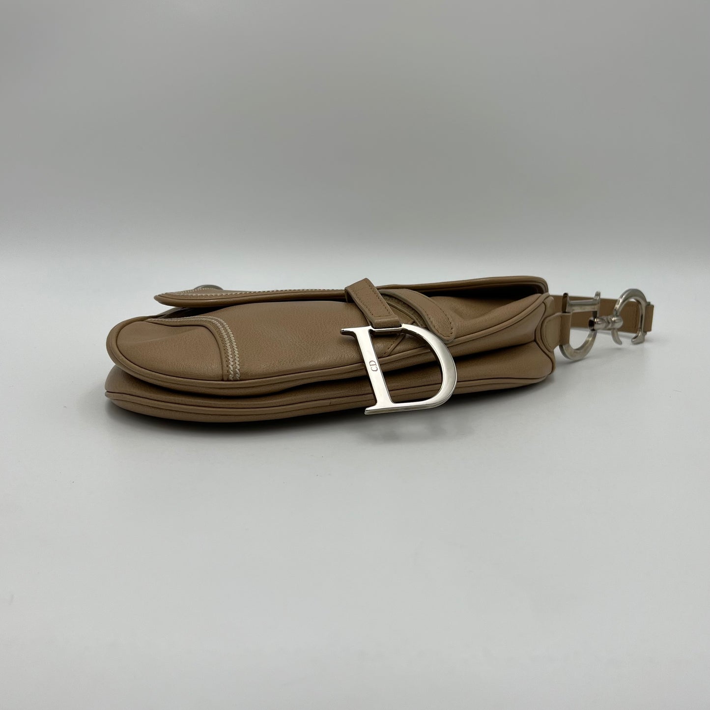 Christian Dior Beige Leather Top Stitch Detail Saddle Bag