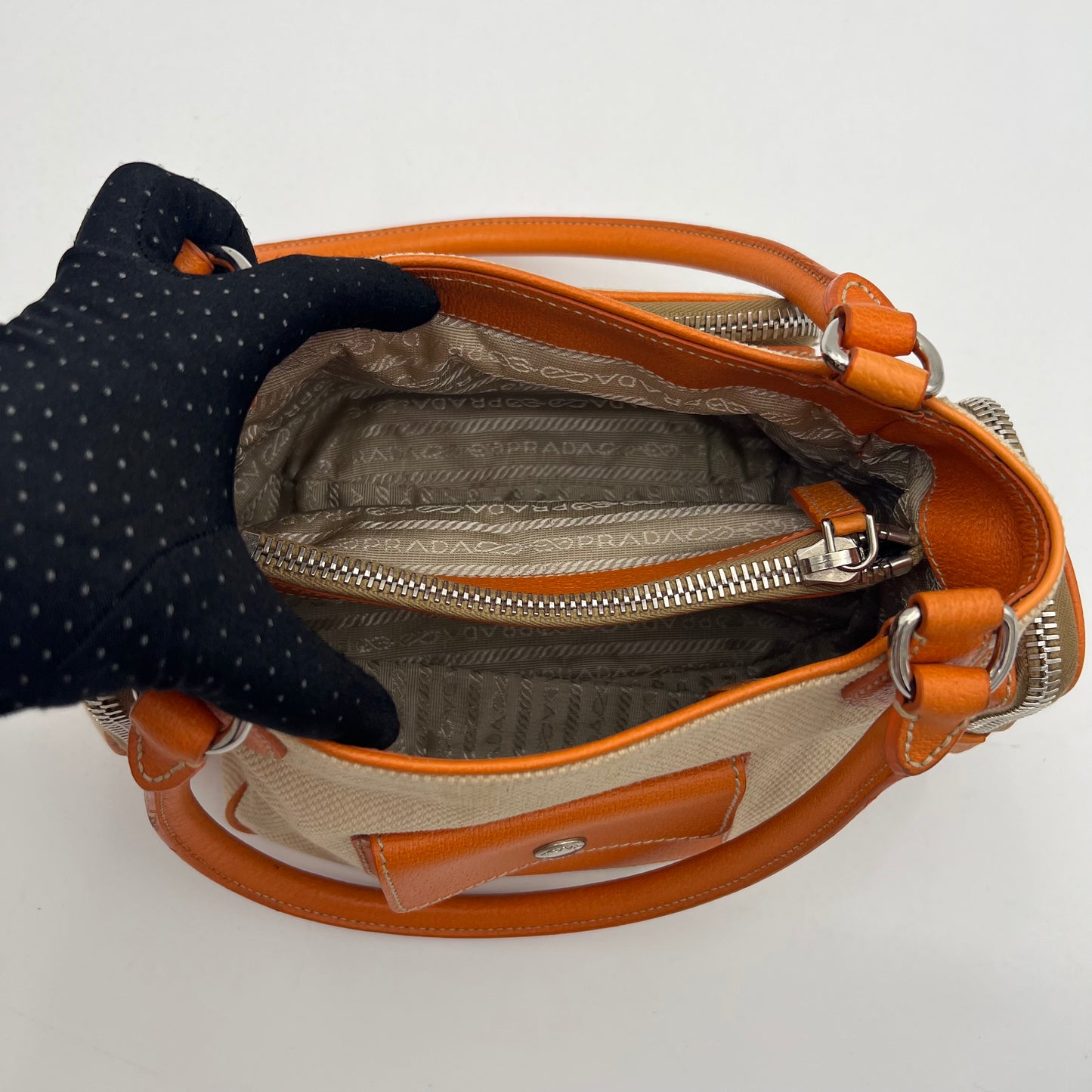 Prada Beige Canvas Orange Leather Canapa Cinghiale Shoulder Bag
