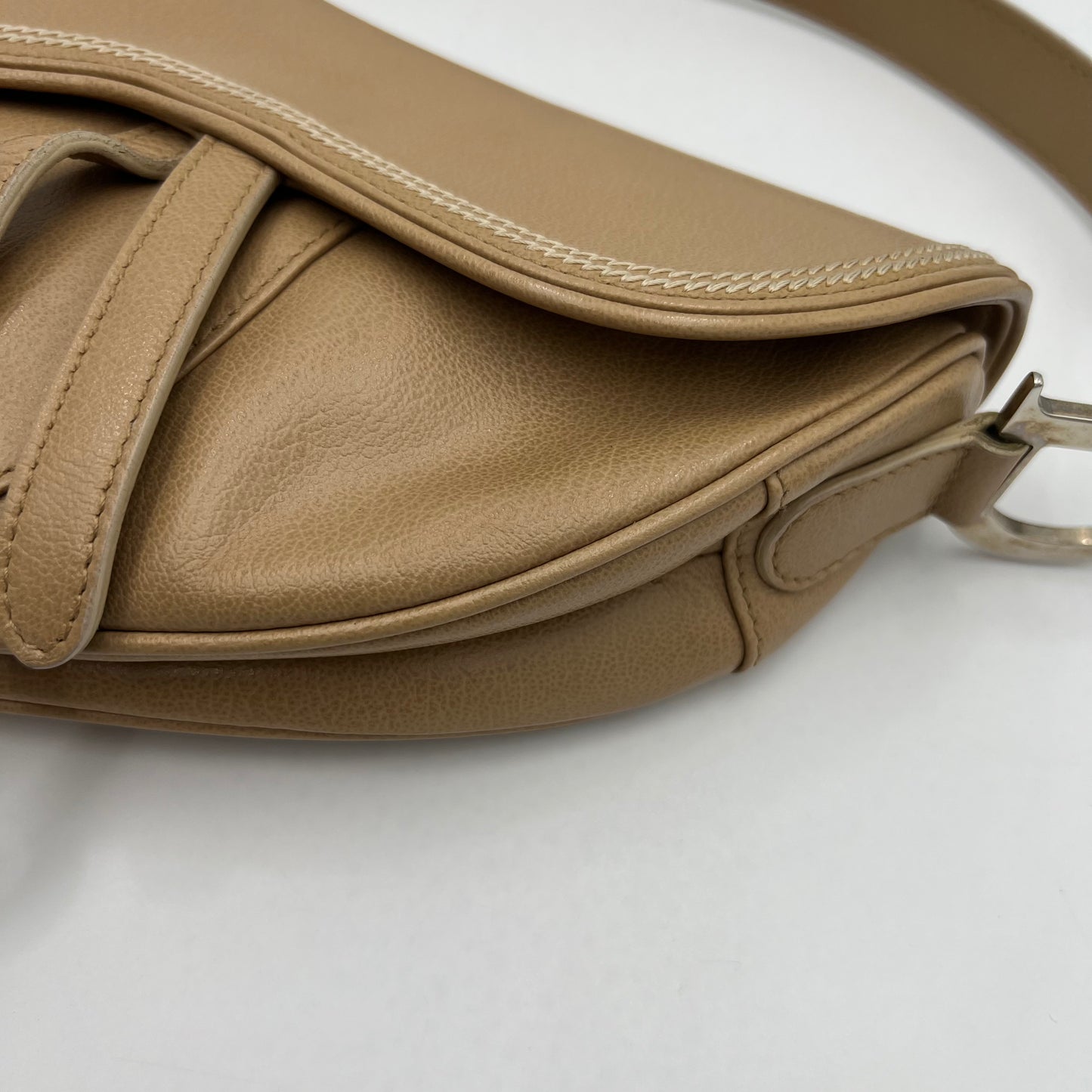 Christian Dior Beige Leather Top Stitch Detail Saddle Bag