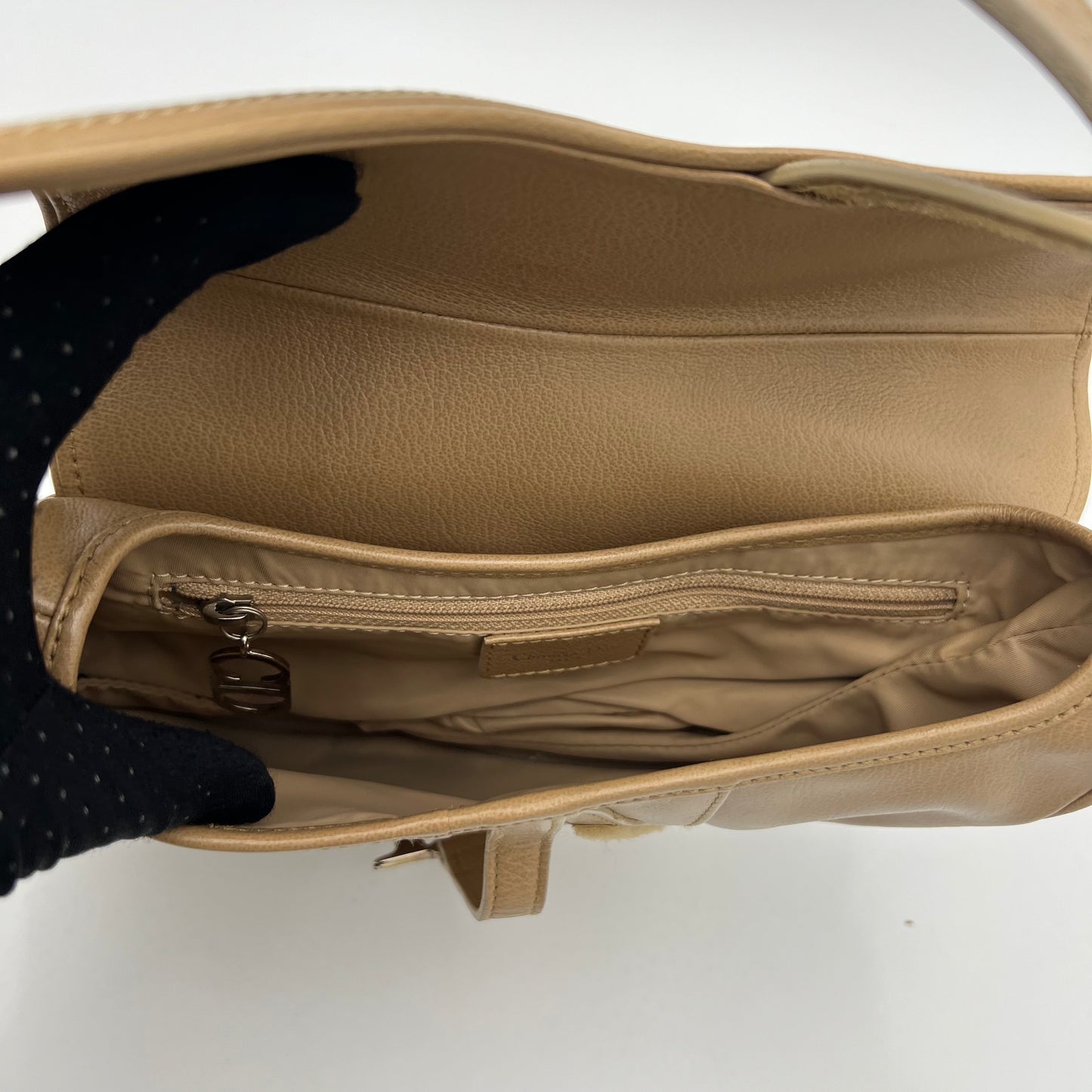 Christian Dior Beige Leather Top Stitch Detail Saddle Bag