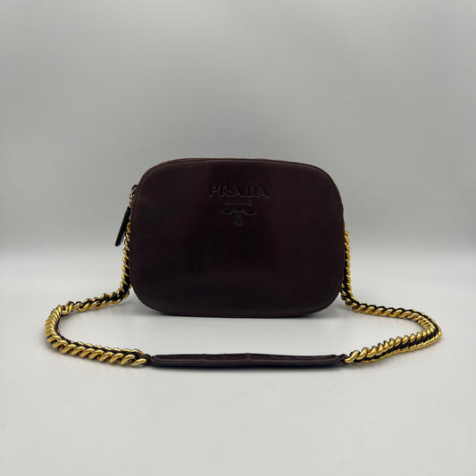 Prada Vintage Brown Leather and Tessuto Chain Shoulder Bag