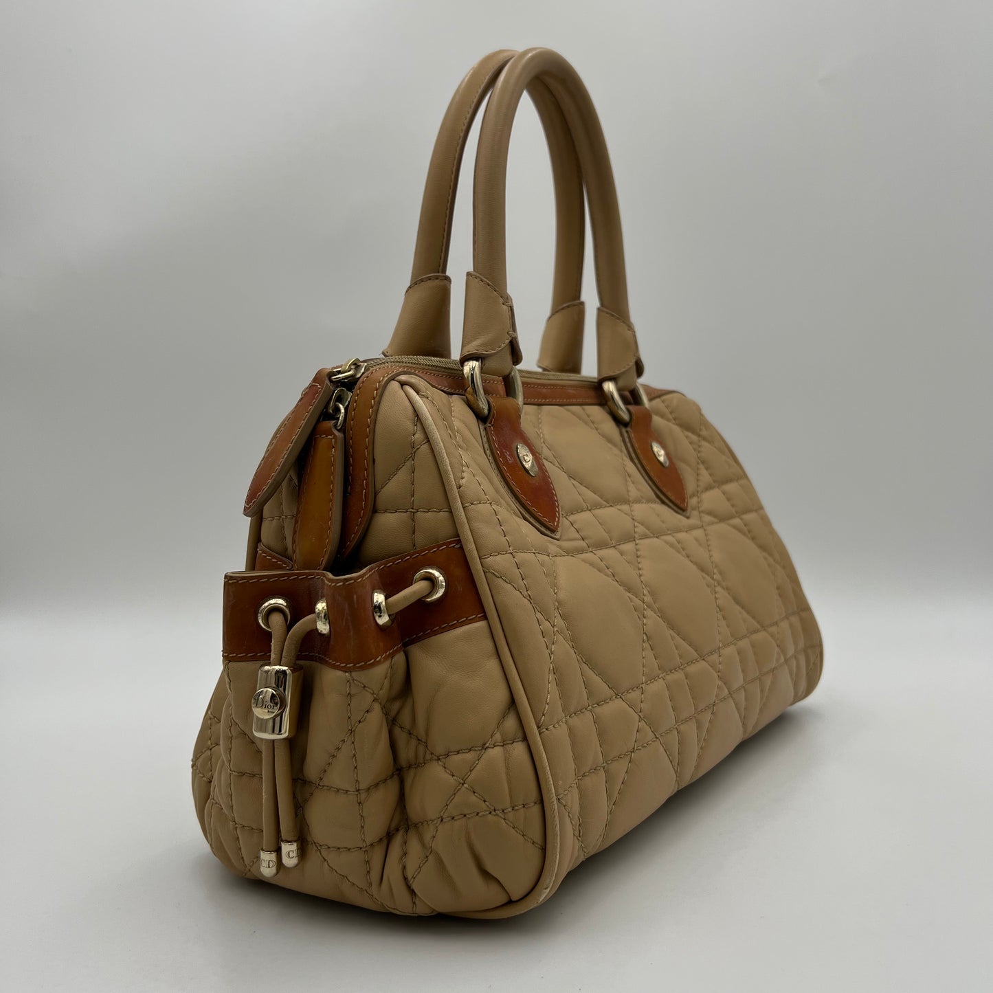 Christian Dior Beige Quilted Leather Side Pocket Satchel