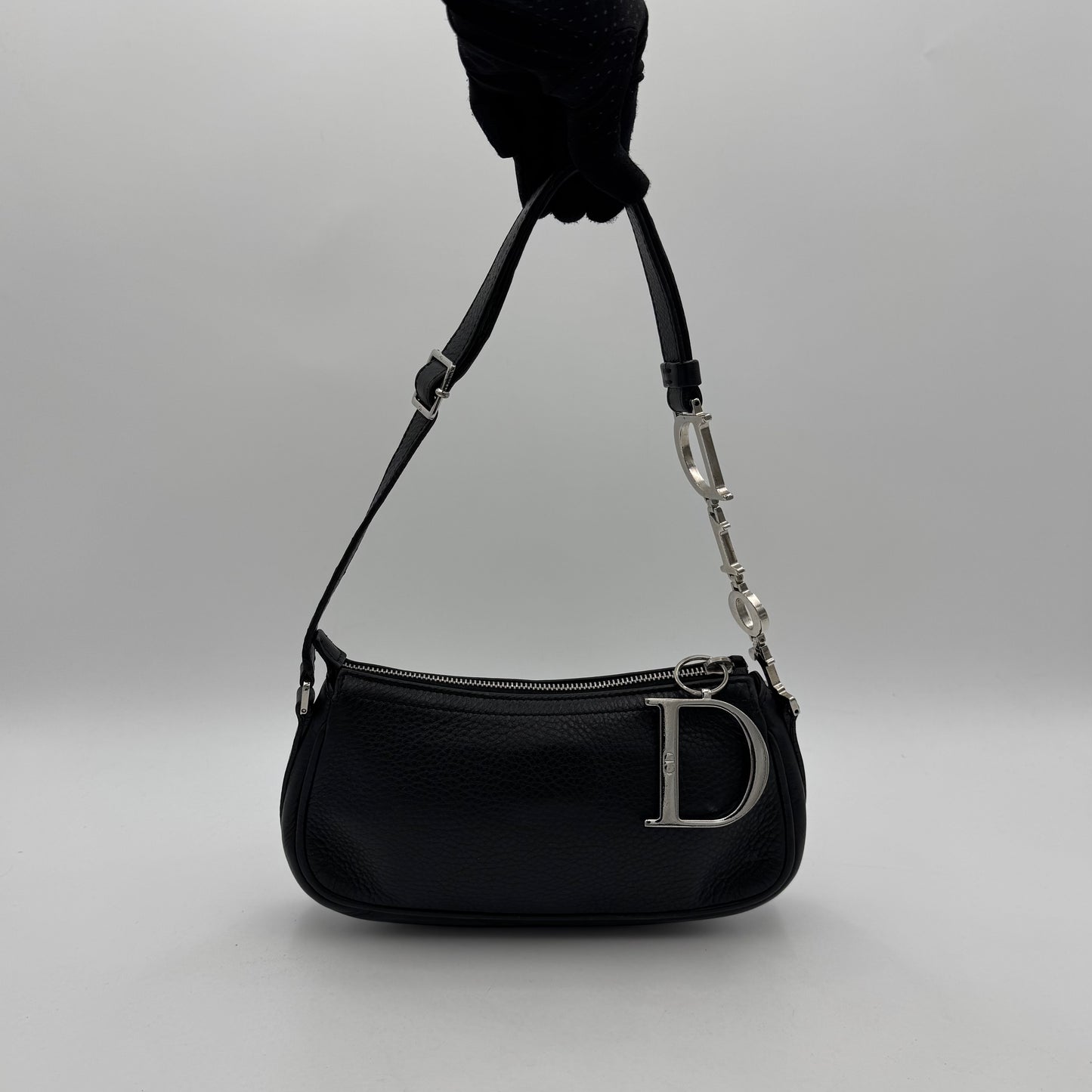 Christian Dior Black Leather Spellout D Charm Pochette SHW