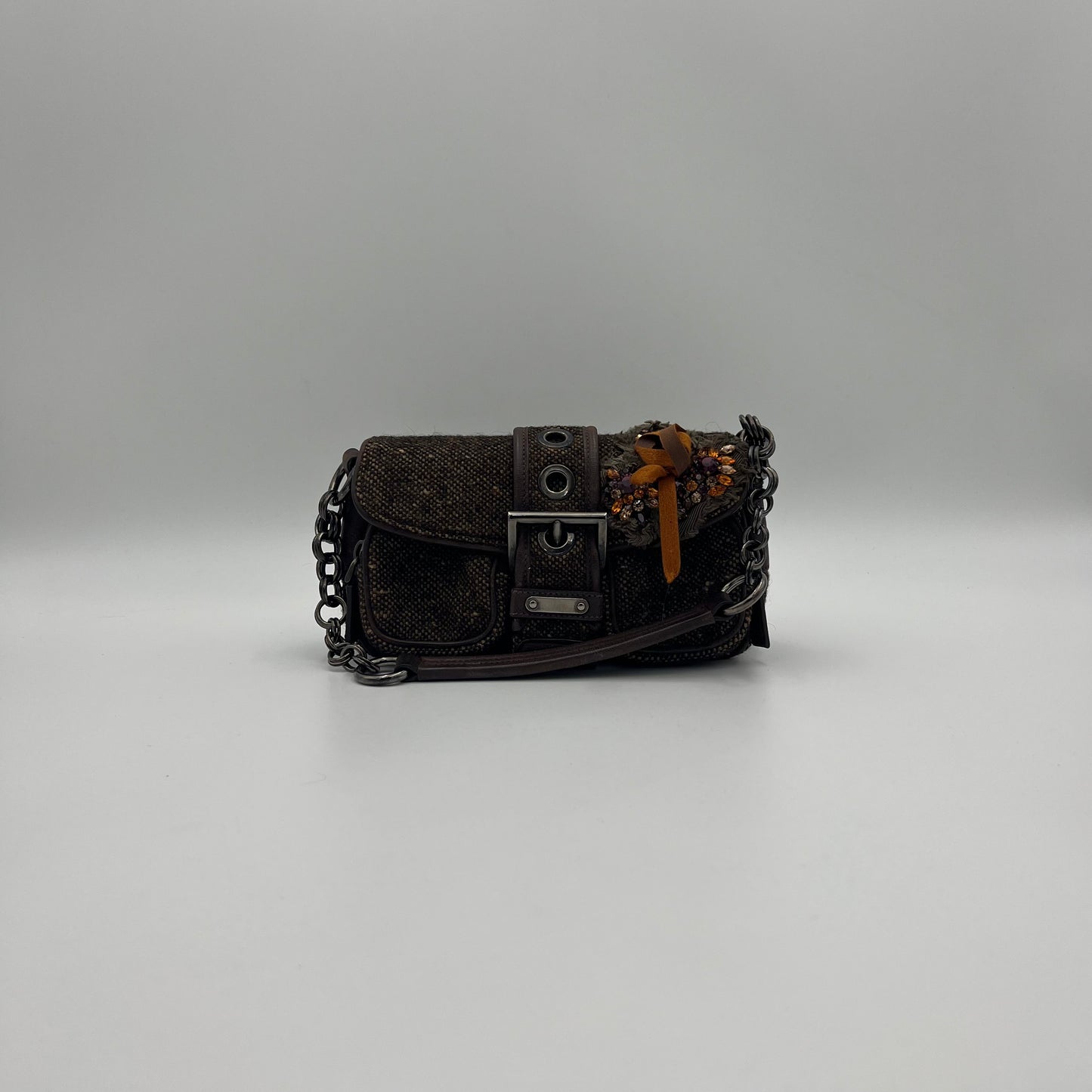 Prada Tweed Ricamo Crystal Applique Shoulder Bag