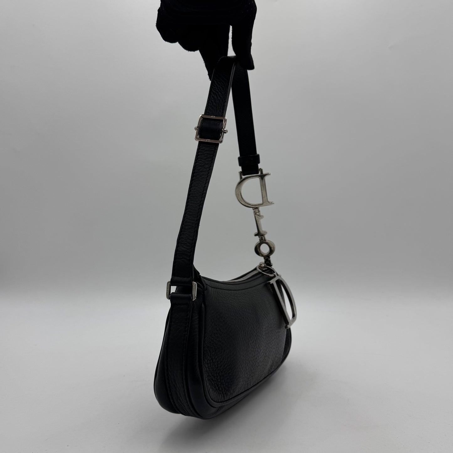 Christian Dior Black Leather Spellout D Charm Pochette SHW