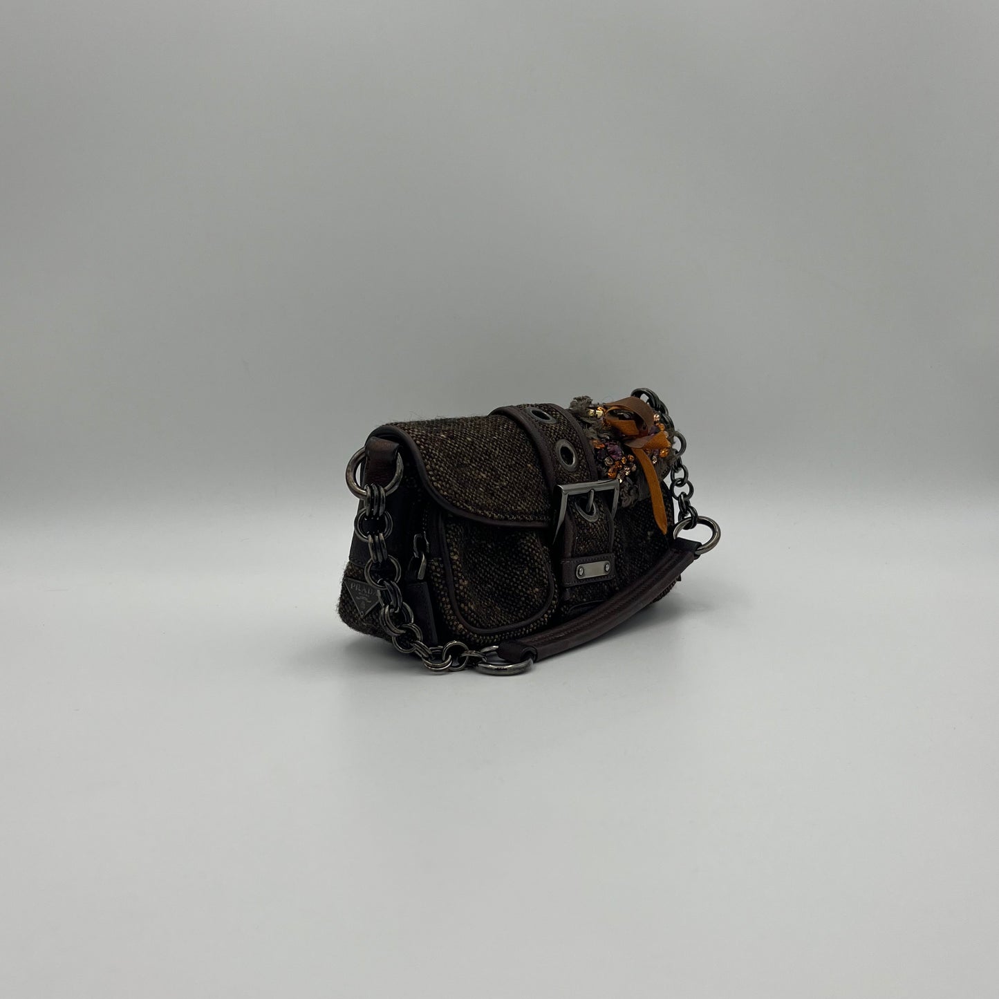 Prada Tweed Ricamo Crystal Applique Shoulder Bag