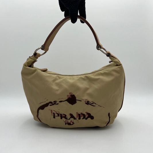 Prada Beige Nylon Stencil Hobo Shoulder Bag