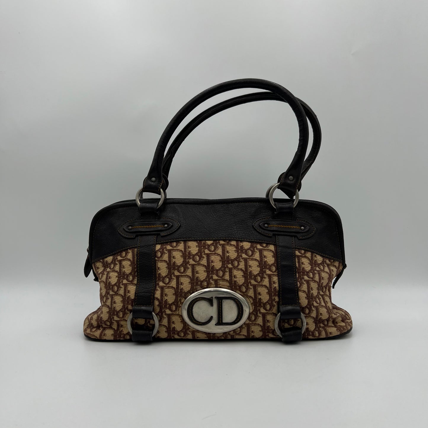 Christian Dior Brown Trotter Canvas and Leather CD Logo Bowler Handbag