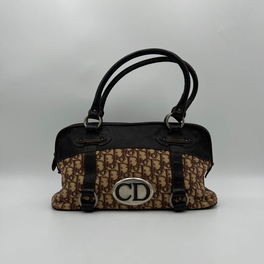 Christian Dior Brown Trotter Canvas and Leather CD Logo Bowler Handbag