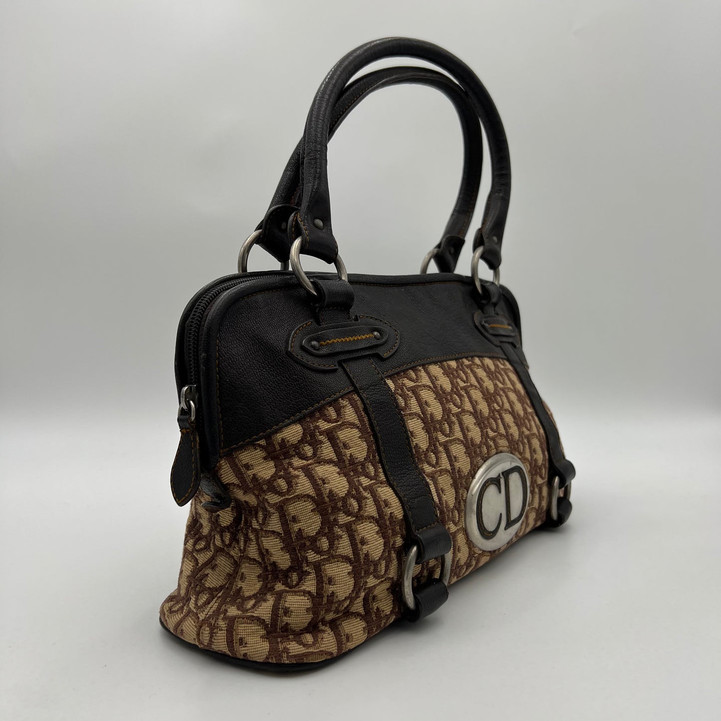 Christian Dior Brown Trotter Canvas and Leather CD Logo Bowler Handbag