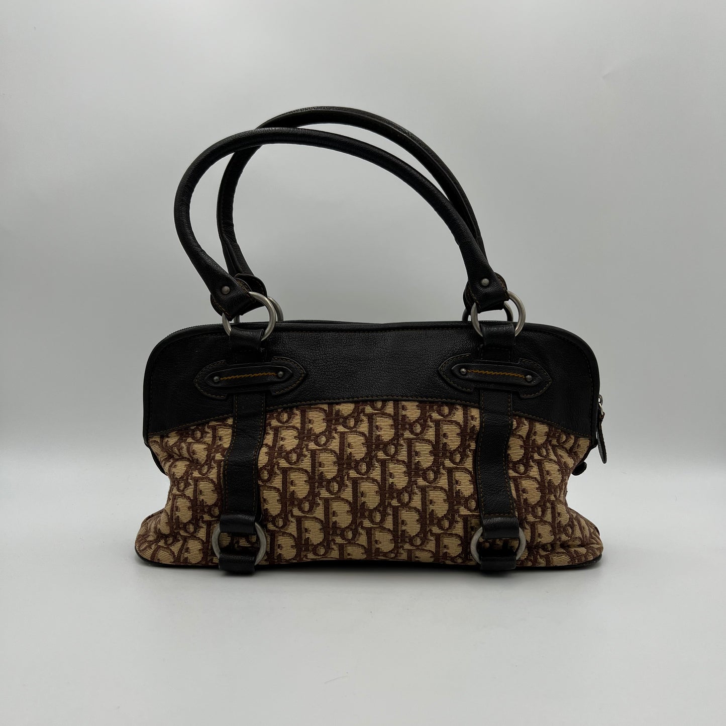 Christian Dior Brown Trotter Canvas and Leather CD Logo Bowler Handbag