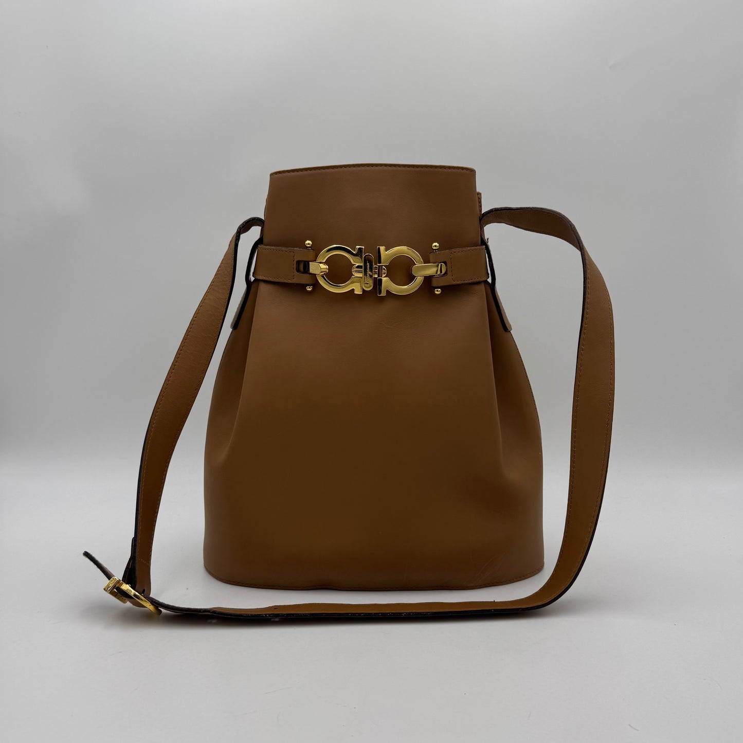 Salvatore Ferragamo Brown Leather Gancini Bucket Bag GHW