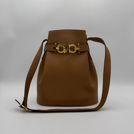 Salvatore Ferragamo Brown Leather Gancini Bucket Bag GHW