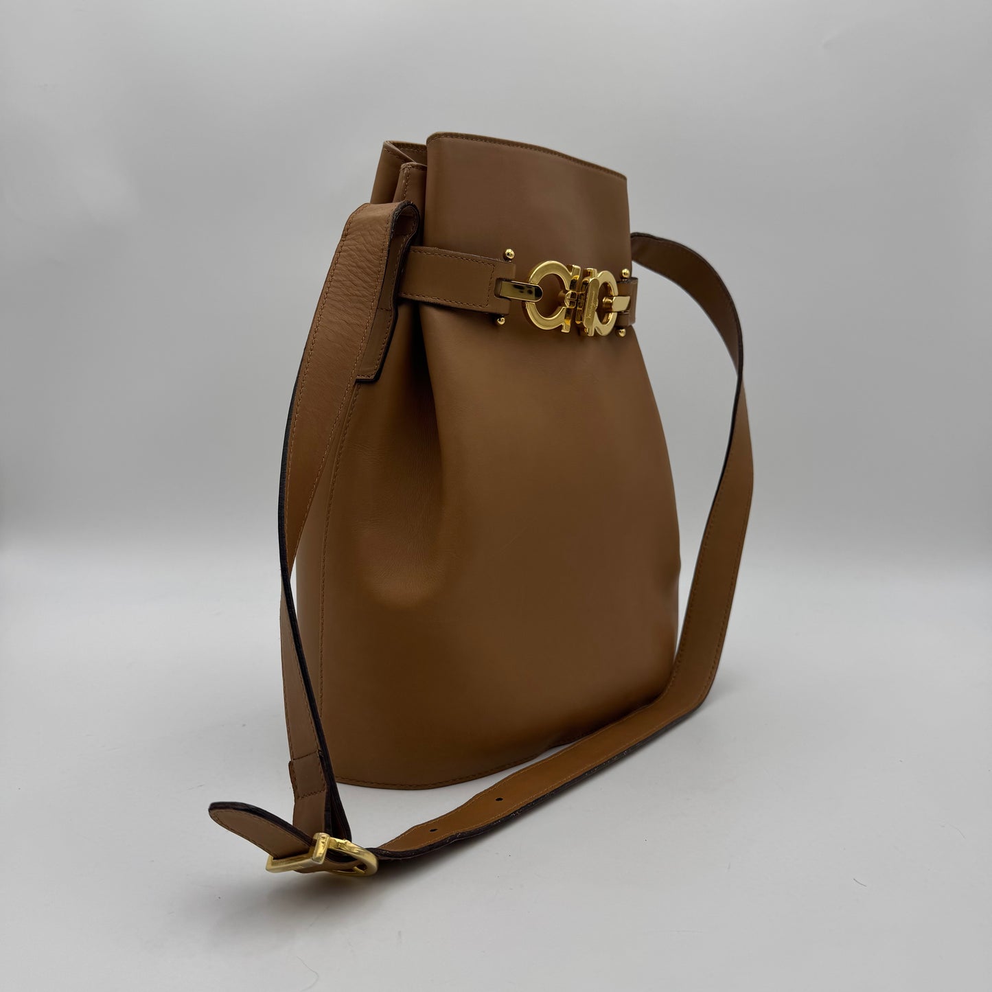 Salvatore Ferragamo Brown Leather Gancini Bucket Bag GHW