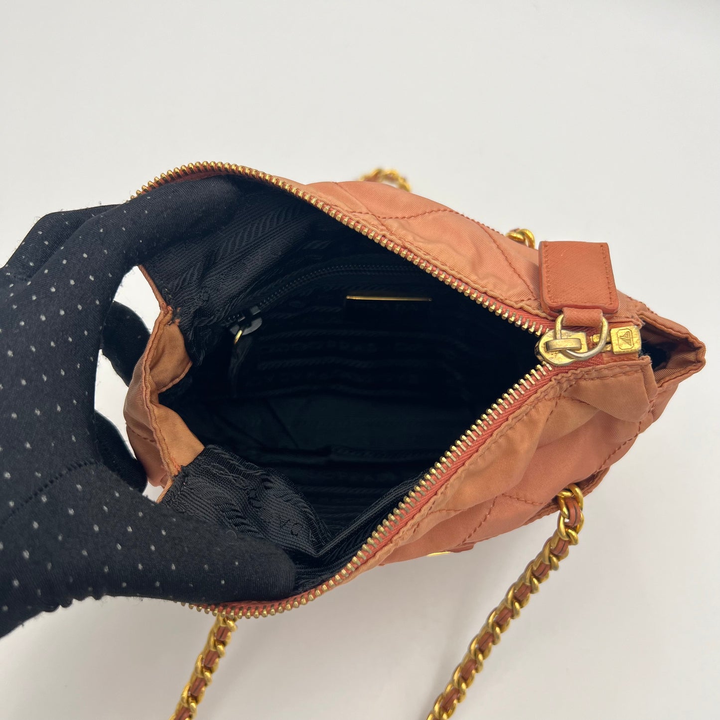 Prada Salmon Pink Quilted Nylon Mini Zip Chain Bag GHW