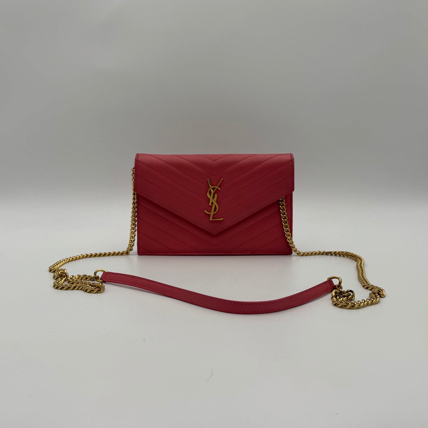 YSL Pink Grained Leather Chevron Quilted Envelope Chain Bag GHW