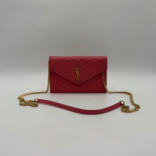 YSL Pink Grained Leather Chevron Quilted Envelope Chain Bag GHW