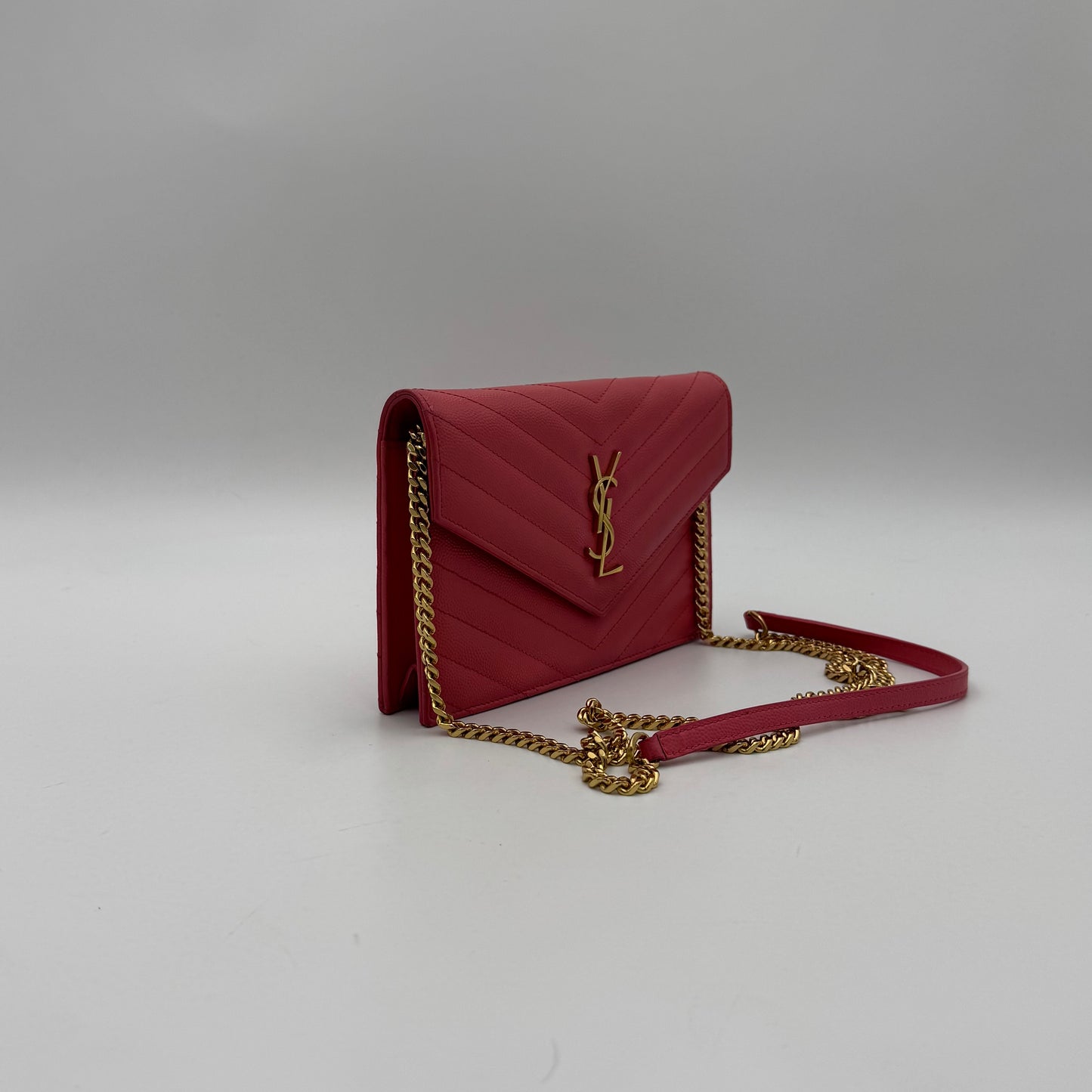 YSL Pink Grained Leather Chevron Quilted Envelope Chain Bag GHW