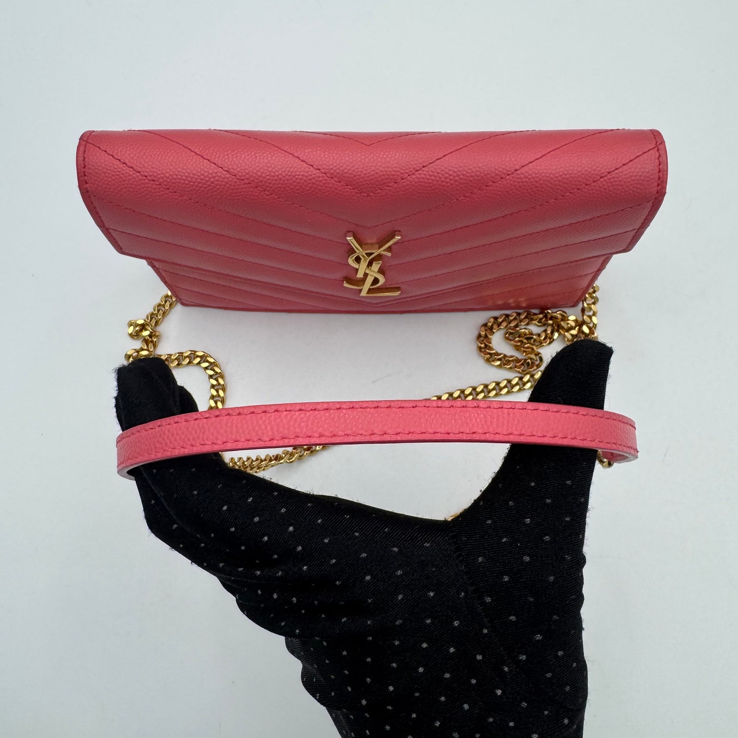 YSL Pink Grained Leather Chevron Quilted Envelope Chain Bag GHW