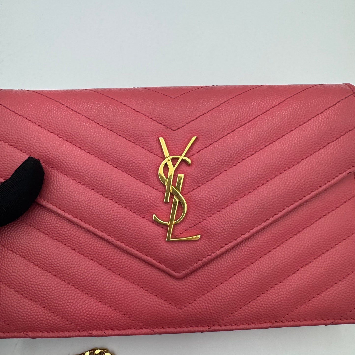 YSL Pink Grained Leather Chevron Quilted Envelope Chain Bag GHW