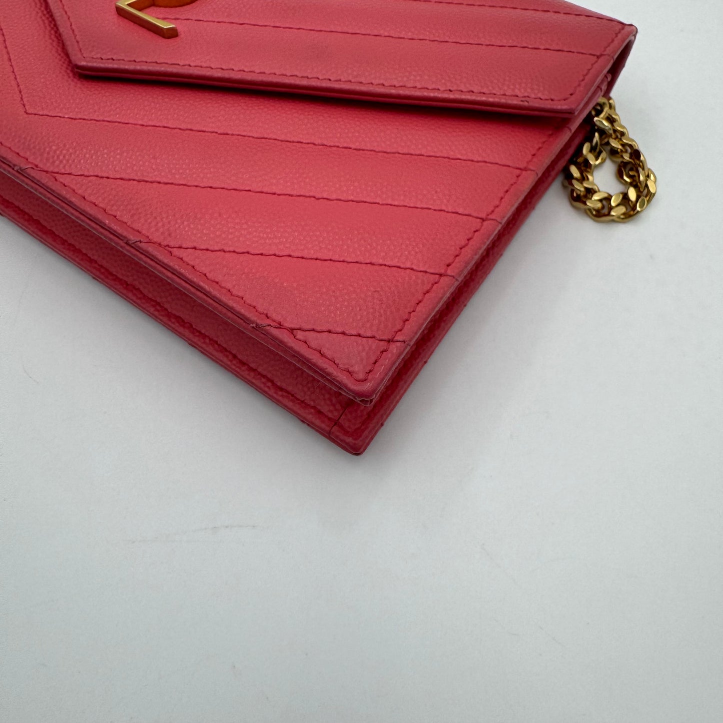 YSL Pink Grained Leather Chevron Quilted Envelope Chain Bag GHW