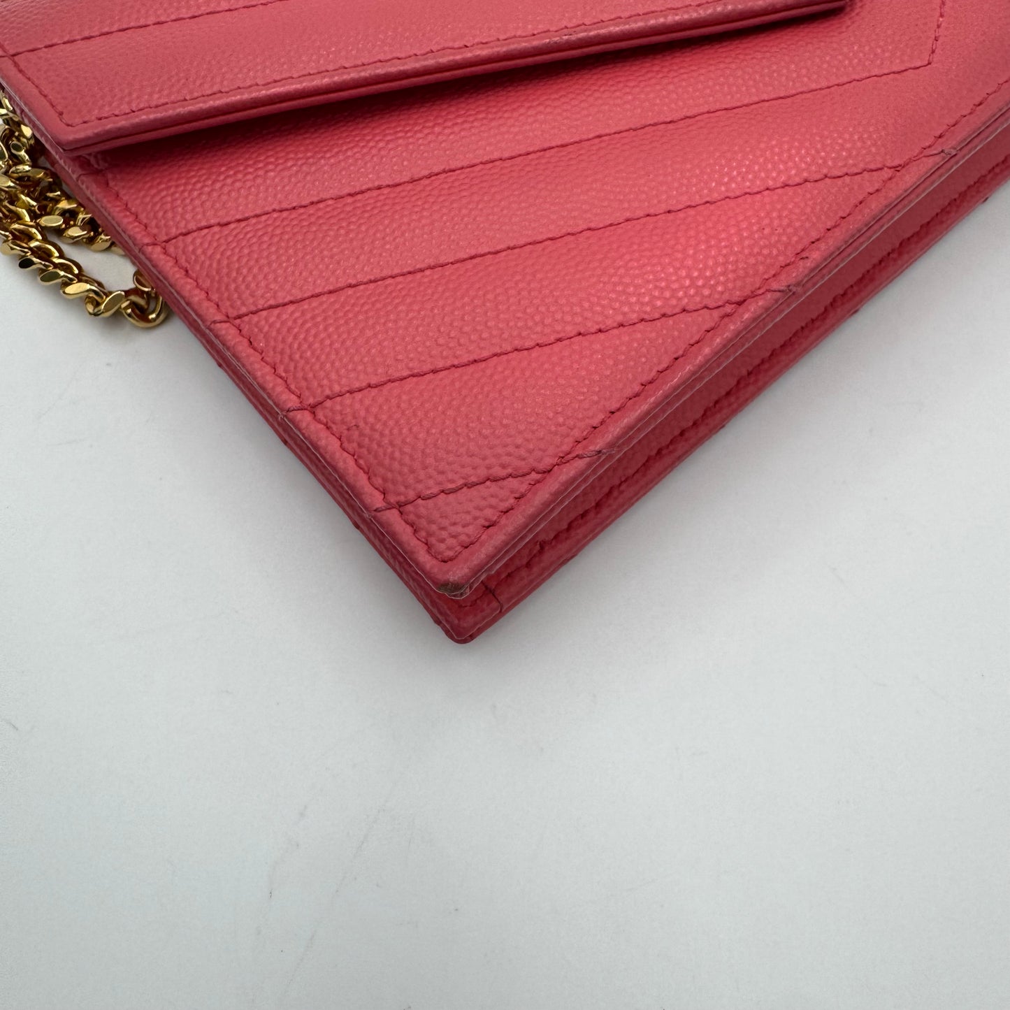 YSL Pink Grained Leather Chevron Quilted Envelope Chain Bag GHW