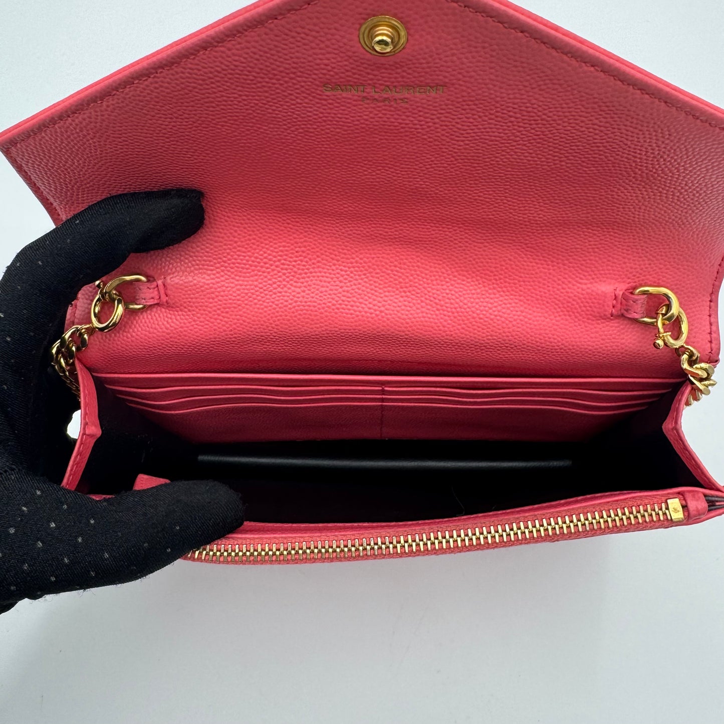 YSL Pink Grained Leather Chevron Quilted Envelope Chain Bag GHW