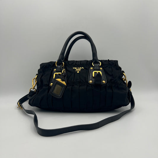 Prada Black Tessuto and Leather Long Strap Shoulder Bag