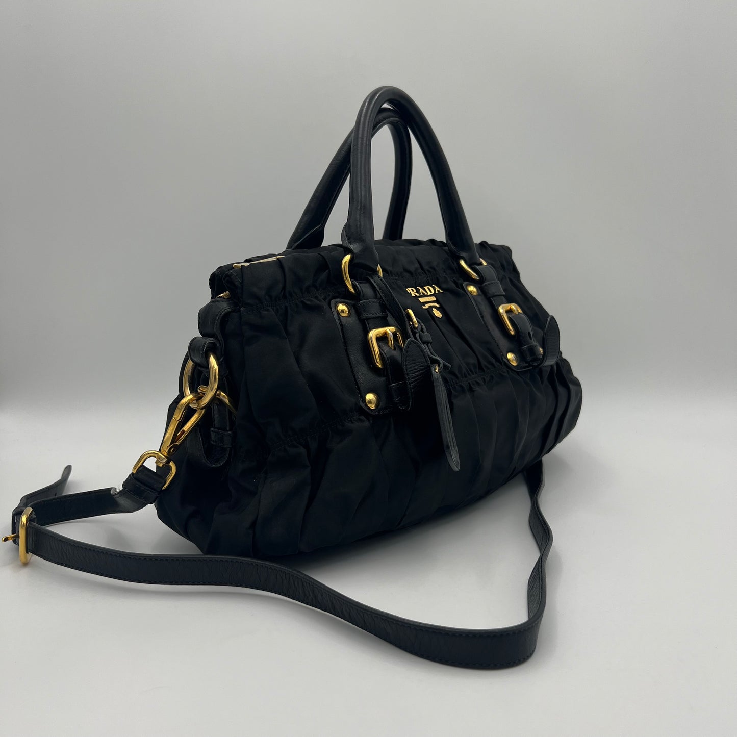 Prada Black Tessuto and Leather Long Strap Shoulder Bag