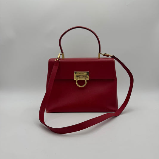 Salvatore Ferragamo Red Leather Gancini Top Handle Kelly