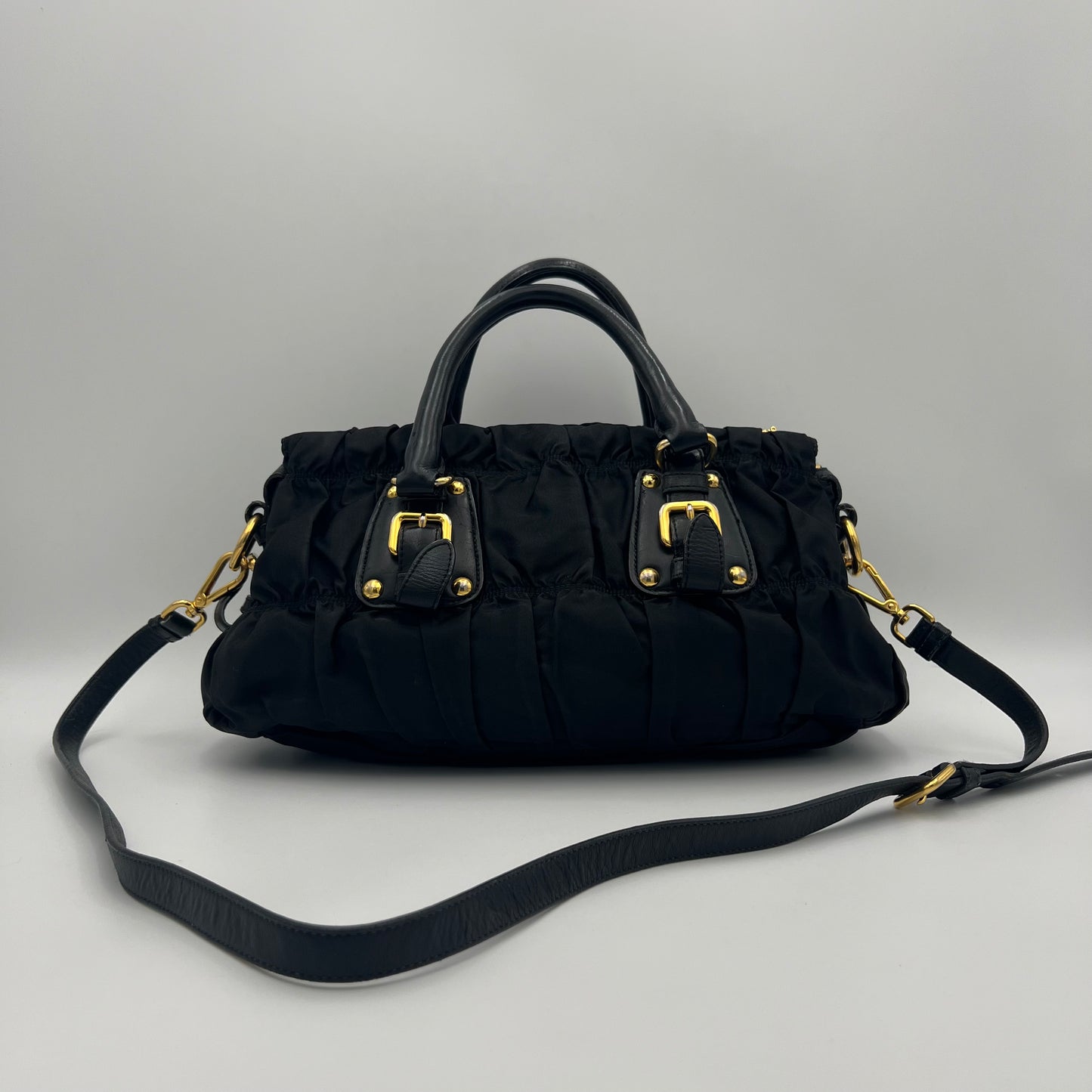 Prada Black Tessuto and Leather Long Strap Shoulder Bag