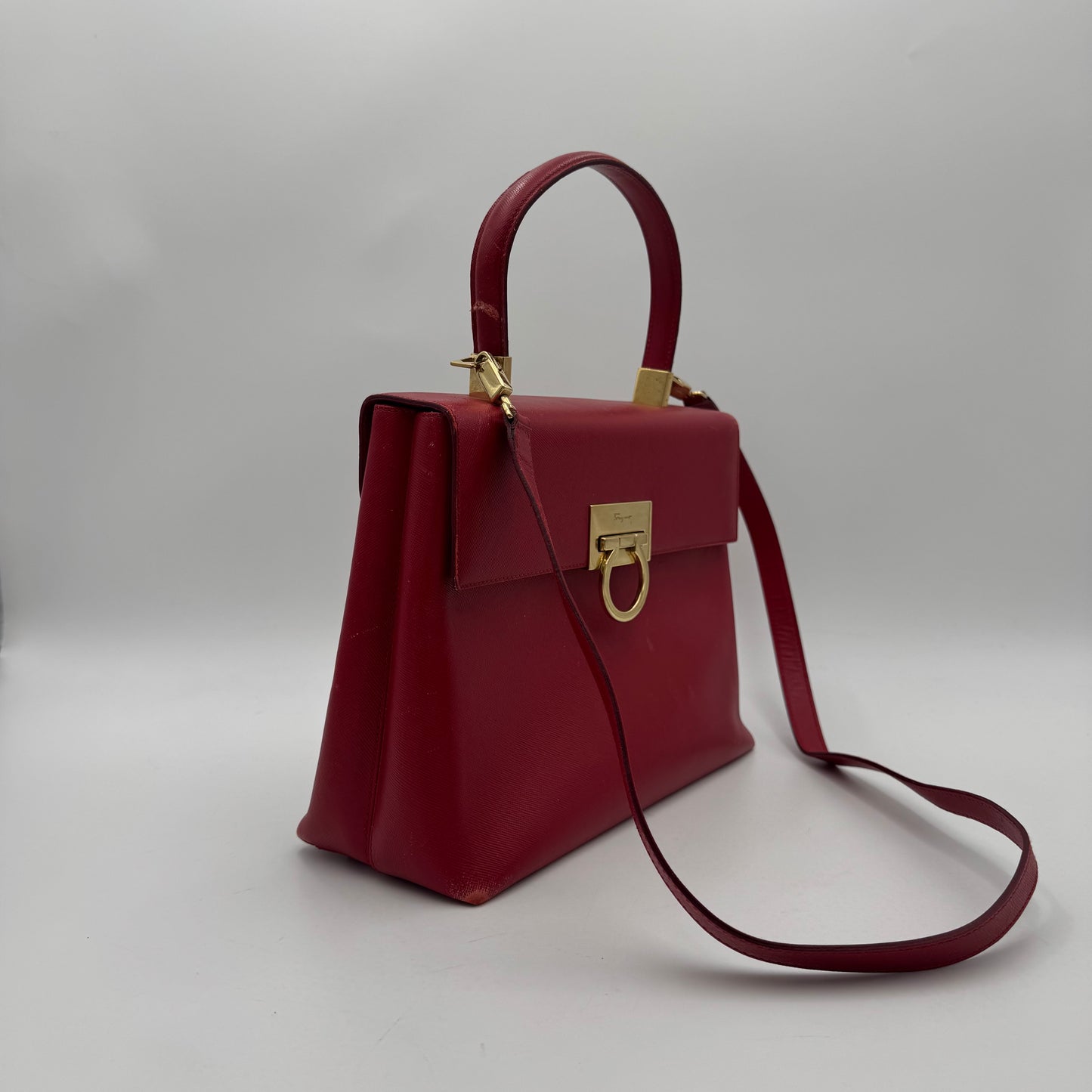 Salvatore Ferragamo Red Leather Gancini Top Handle Kelly
